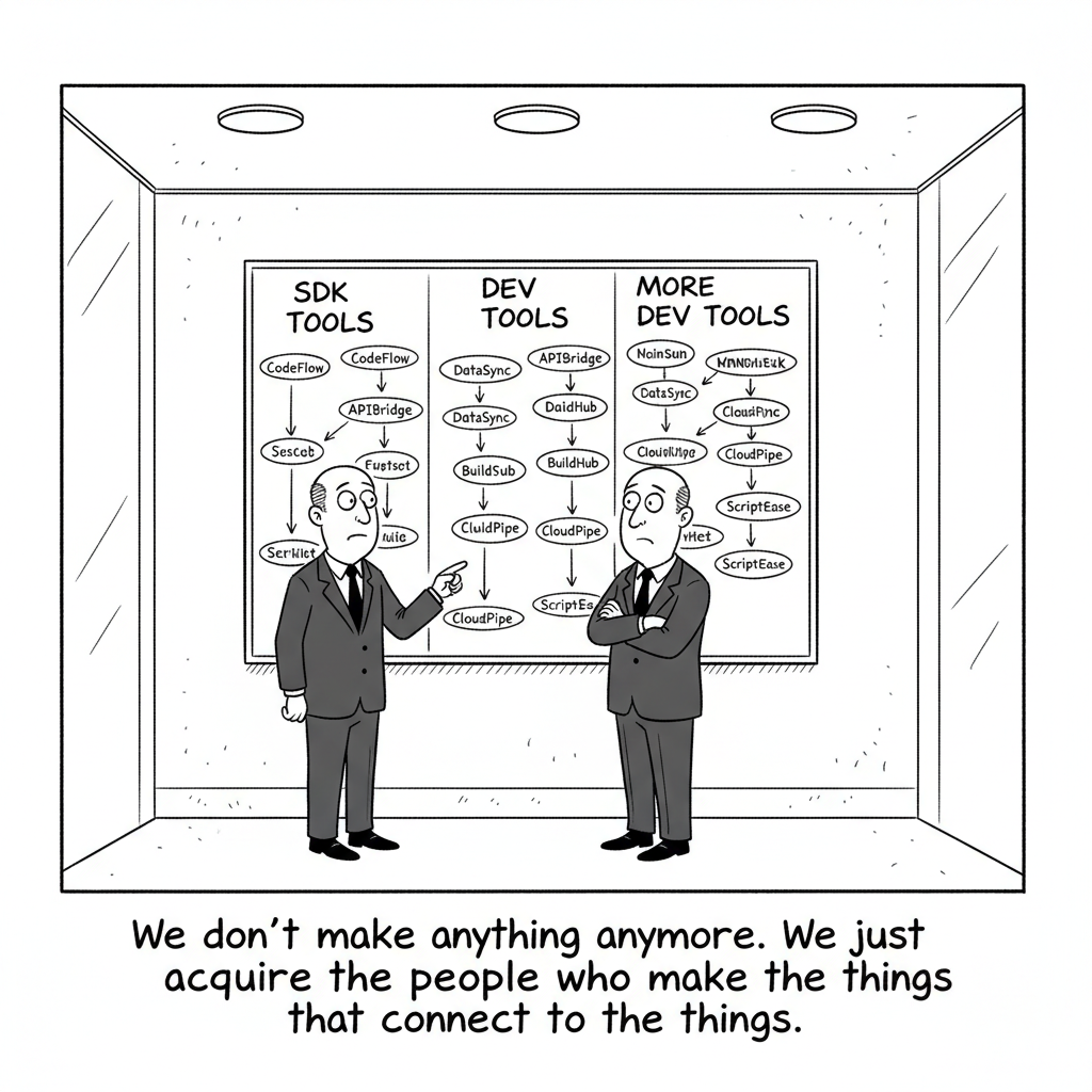 New Yorker style cartoon: executives reviewing a wall of acquired dev-tools startups