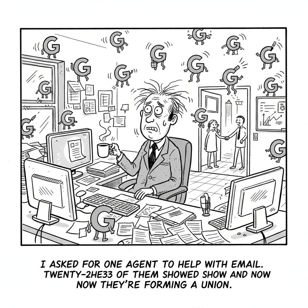 New Yorker style cartoon: a frazzled office worker swarmed by dozens of little floating AI agents