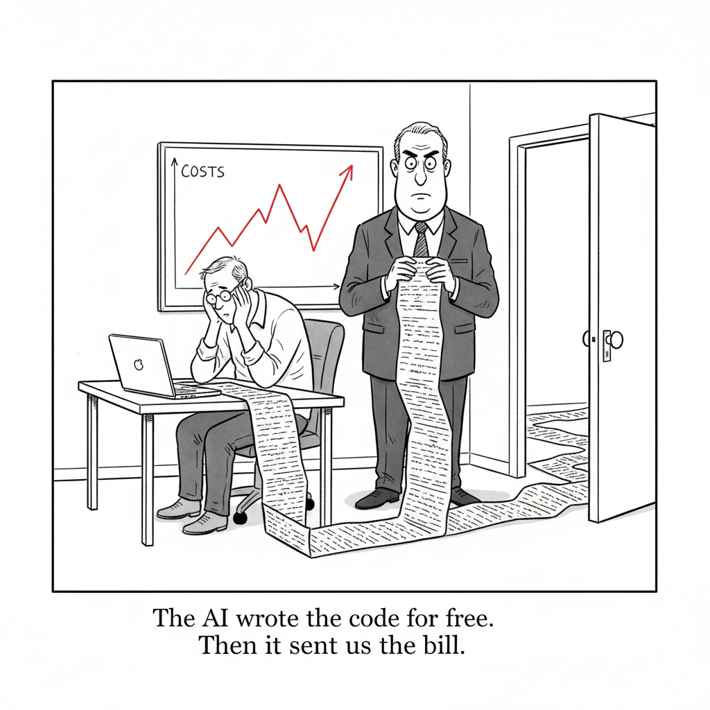 New Yorker-style cartoon: a stressed developer at a laptop while a suited manager holds an enormously long accordion-folded invoice unspooling across the floor, with a rising COSTS chart on the wall. Caption: The AI wrote the code for free. Then it sent us the bill.