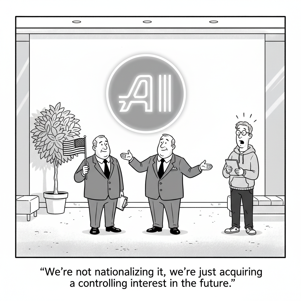 New Yorker-style cartoon: two suited bureaucrats in a tech office lobby beneath a glowing AI logo; one plants a small American flag into a potted plant like a colonial explorer while a bewildered hoodie-wearing engineer looks on. Caption: We're not nationalizing it, we're just acquiring a controlling interest in the future.