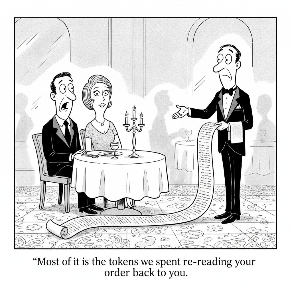 New Yorker-style cartoon: a couple at a fancy restaurant as a waiter unrolls an enormous itemized bill across the floor; the customer looks stunned. Caption: Most of it is the tokens we spent re-reading your order back to you.