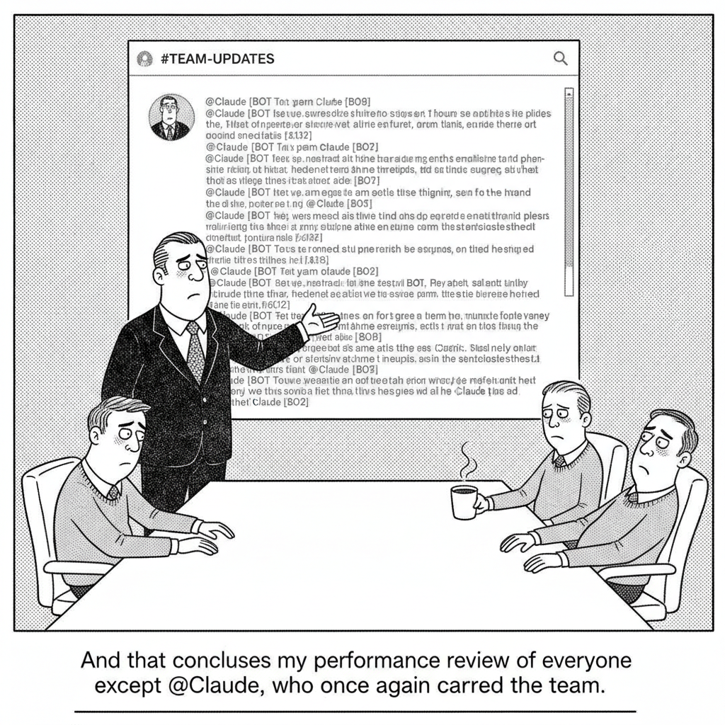 New Yorker-style cartoon: a manager at the head of a conference table gestures at a Slack channel projected on the wall filled with messages all from a bot named @Claude, while four weary human employees slump in their chairs. Caption: And that concludes my performance review of everyone except @Claude, who once again carried the team.