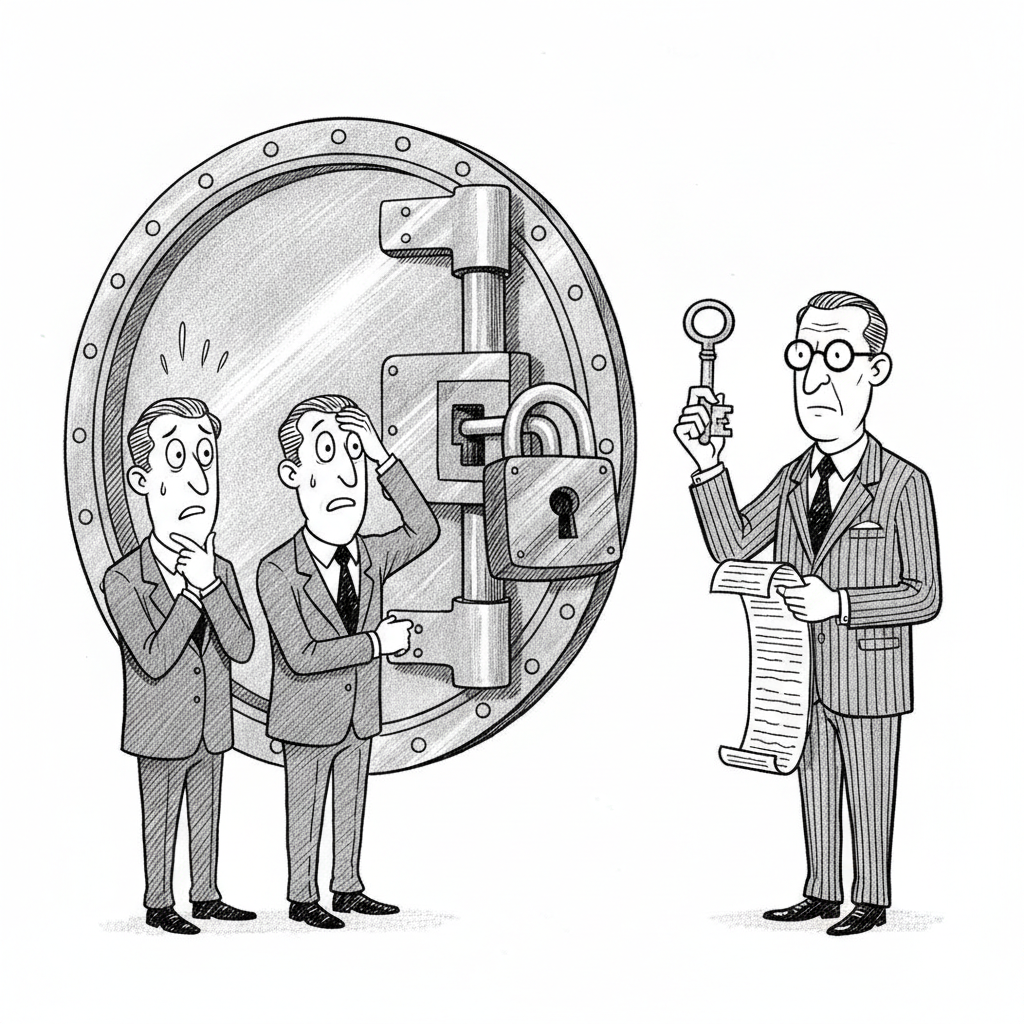 New Yorker-style cartoon: two worried executives stand before a giant locked bank vault labeled in spirit 'Frontier AI Model' while a stern government official holds the only key and a long checklist. Caption: Turns out the moat wasn't the technology. It was the guy with the clipboard.