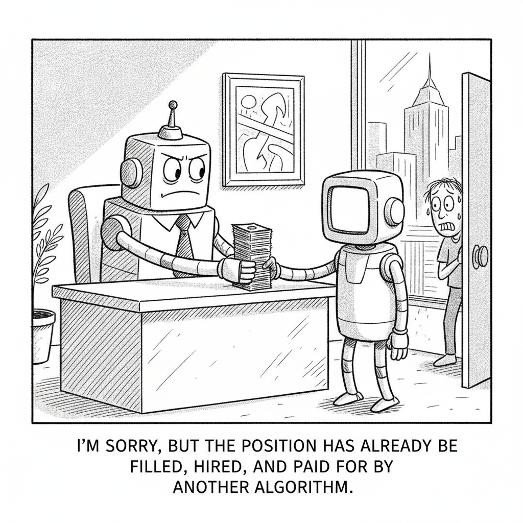 New Yorker-style cartoon: two robots at an office desk, one in a tie interviewing the other and sliding a stack of cash across, while a nervous human employee watches from the doorway. Caption: I'm sorry, but the position has already been filled, hired, and paid for by another algorithm.