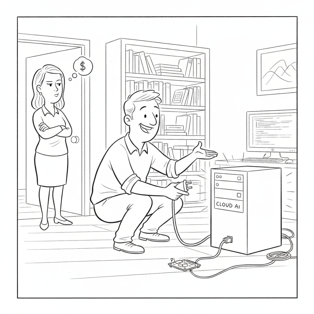 New Yorker-style cartoon: a man crouches to unplug a large glowing server tower labeled CLOUD AI and gestures proudly at a tiny Raspberry Pi board on the floor, while his skeptical wife watches from the doorway with a dollar-sign thought bubble.