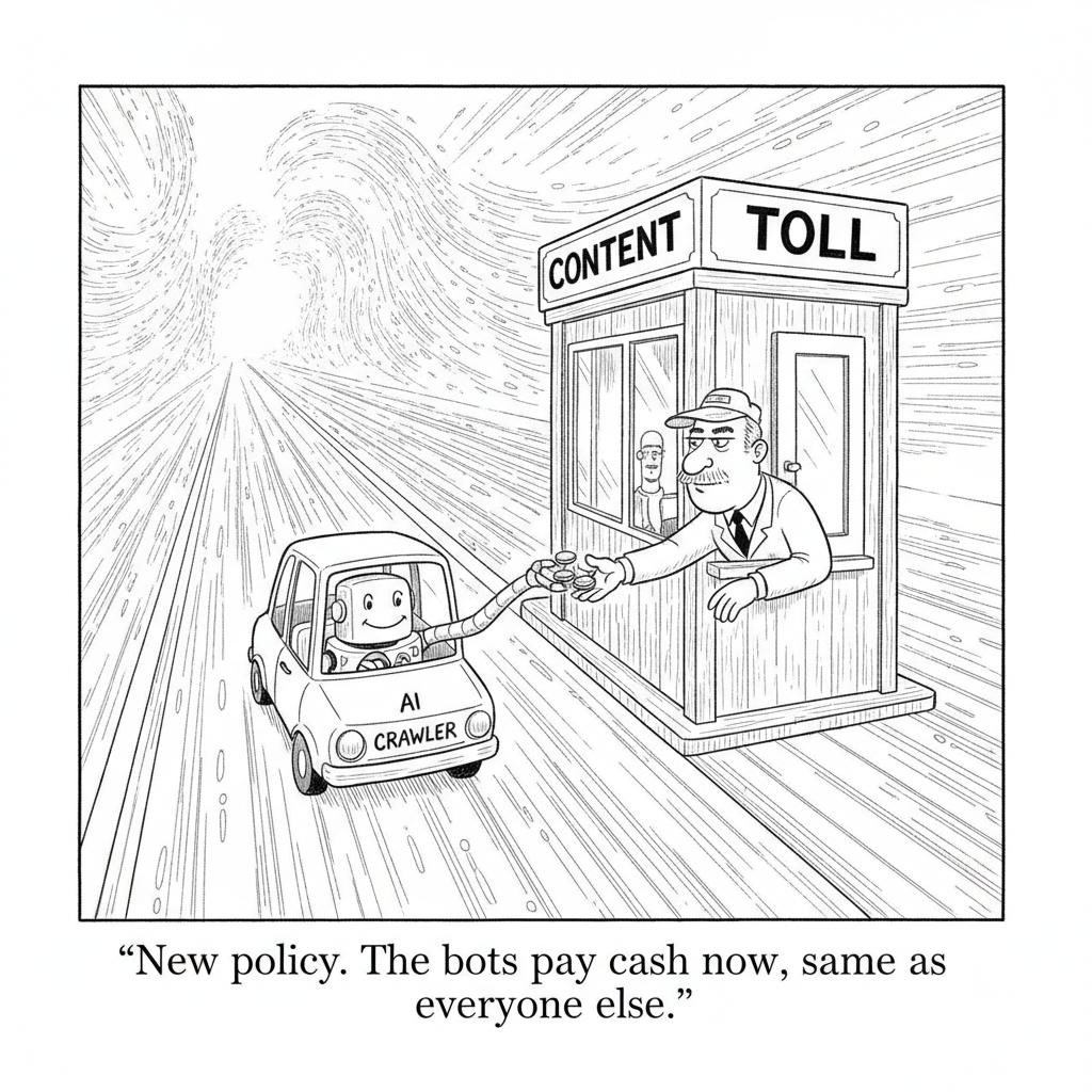 New Yorker-style cartoon: a small robot labeled AI CRAWLER sits in a car at a highway toll booth whose sign reads CONTENT TOLL, handing coins to a smug human attendant.