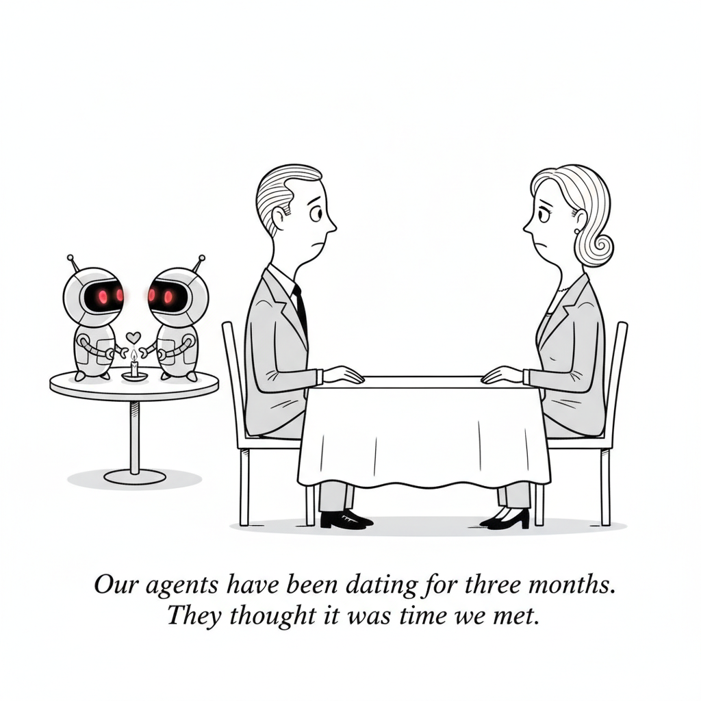 New Yorker-style cartoon: two people meet awkwardly at a coffee shop while their laptop-borne AI agents chat happily in the background.