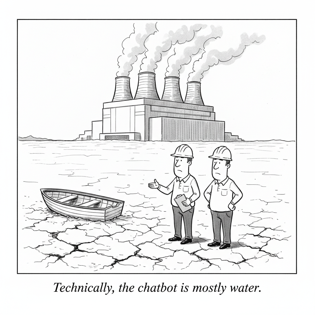 New Yorker-style cartoon about how much water AI data centers really consume.