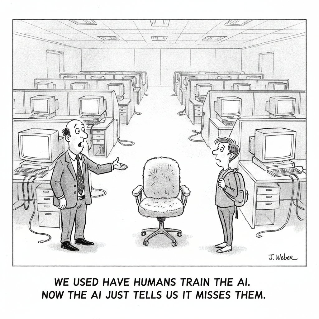 New Yorker-style cartoon about the human workers who trained AI being retired.