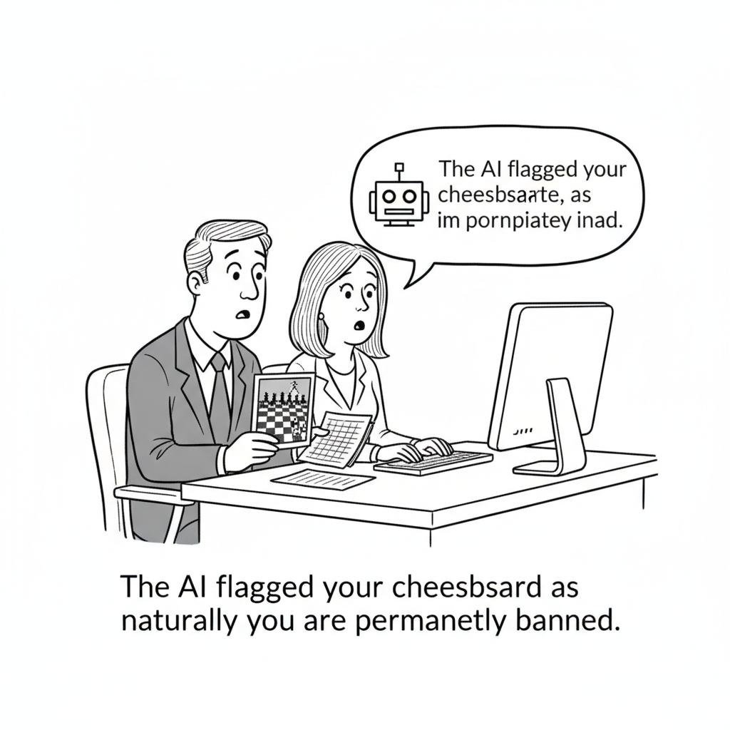 New Yorker-style cartoon: two office workers stare at a robot moderation notice while one clutches a printed chessboard photo and a spreadsheet.
