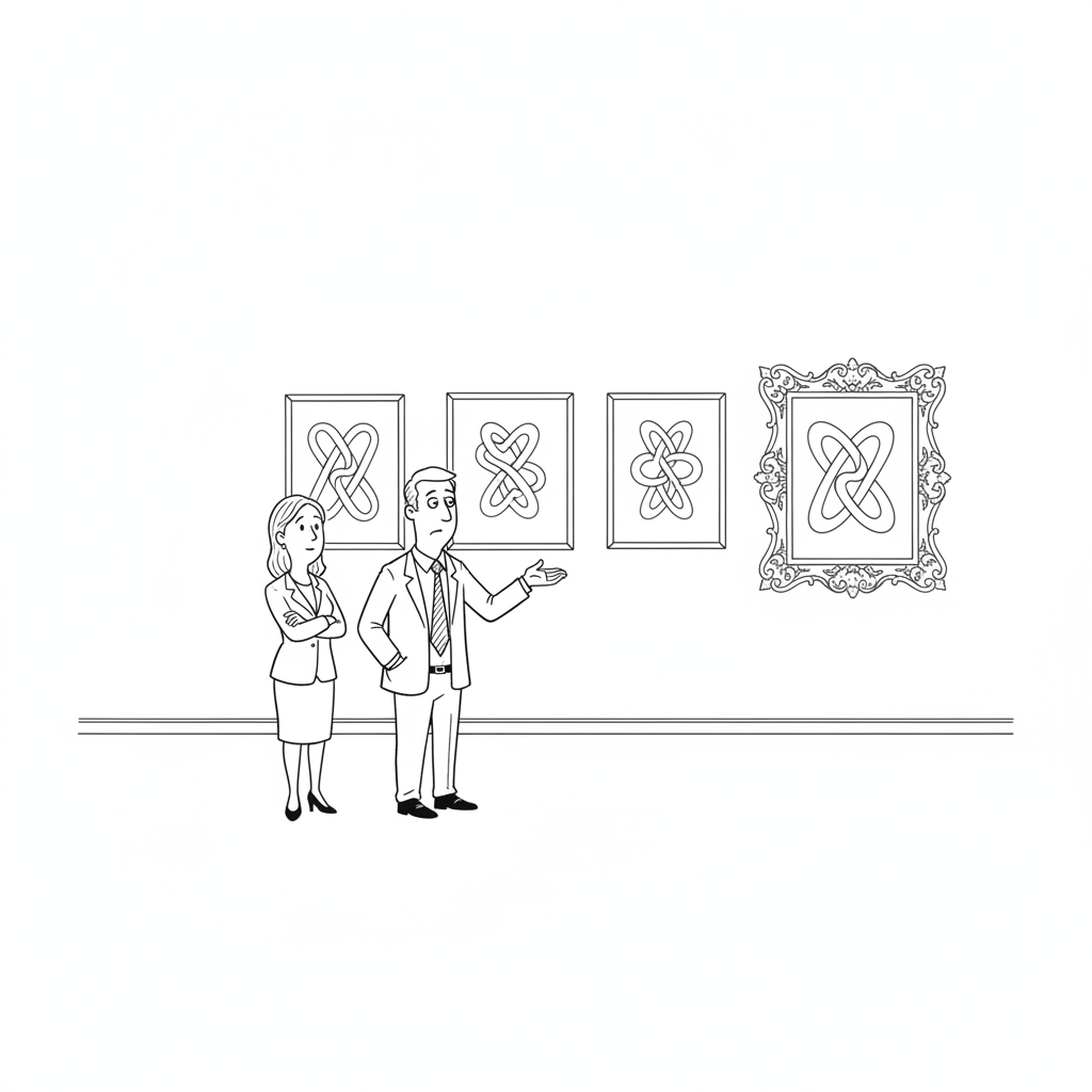 New Yorker-style cartoon: two office workers in a gallery study four framed AI model logos, three plain and one in an ornate gold frame, as one gestures resignedly at the expensive one.