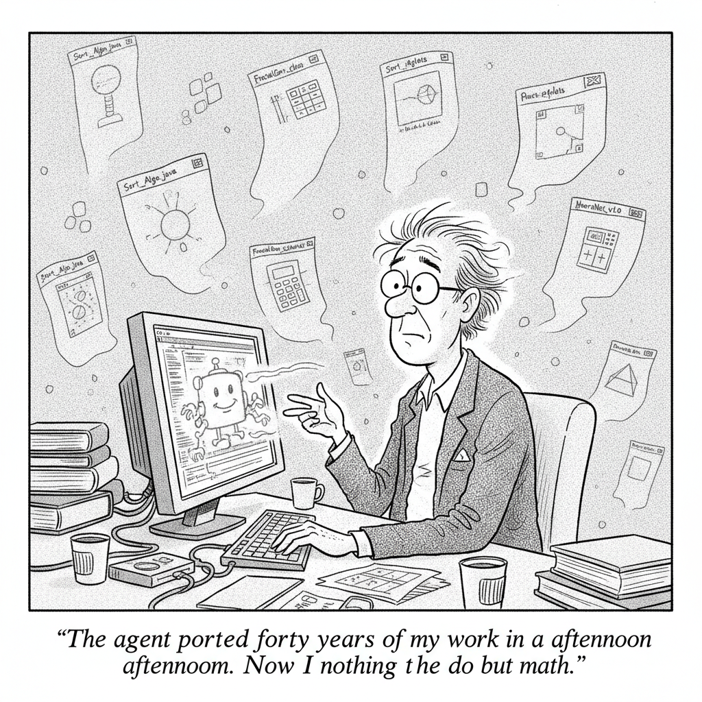 New Yorker-style cartoon about a mathematician whose life's work was ported by an AI agent.
