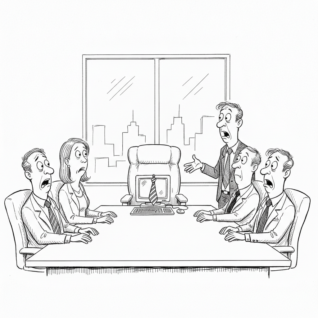 New Yorker-style cartoon: a desktop computer wearing a necktie sits in the CEO chair at a boardroom table.