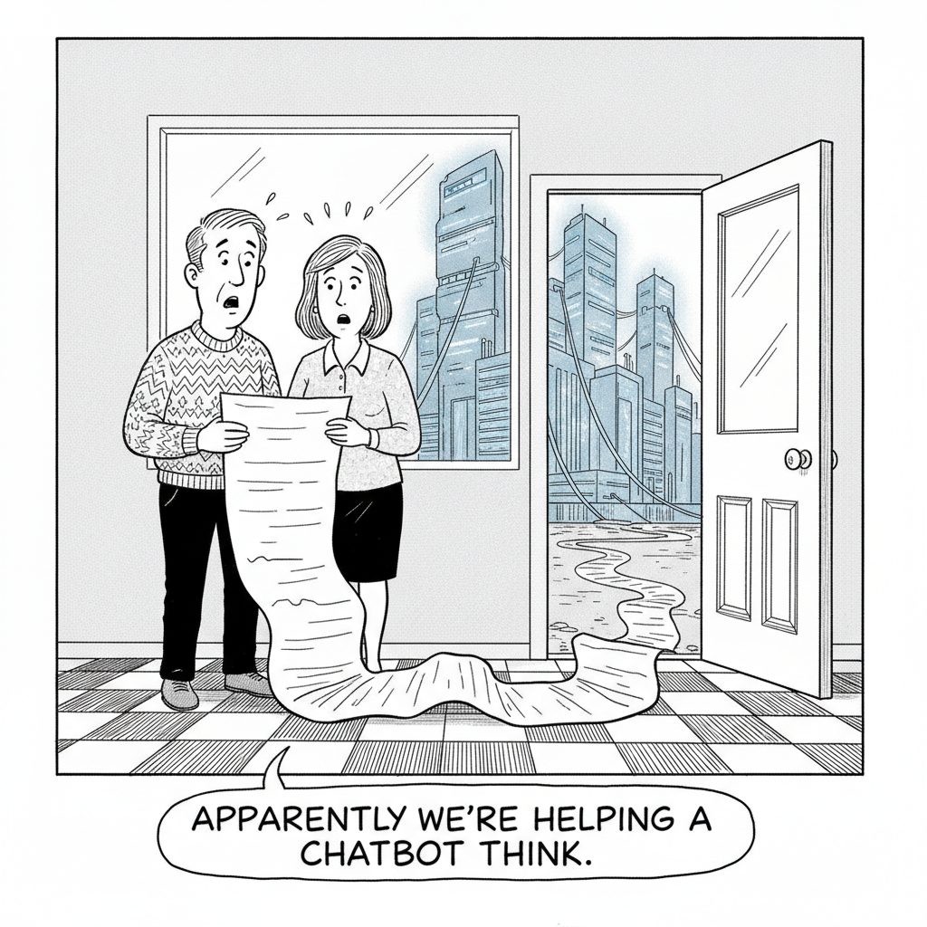 New Yorker-style cartoon: a family stares at an enormous electricity bill while a data center hums outside the window.