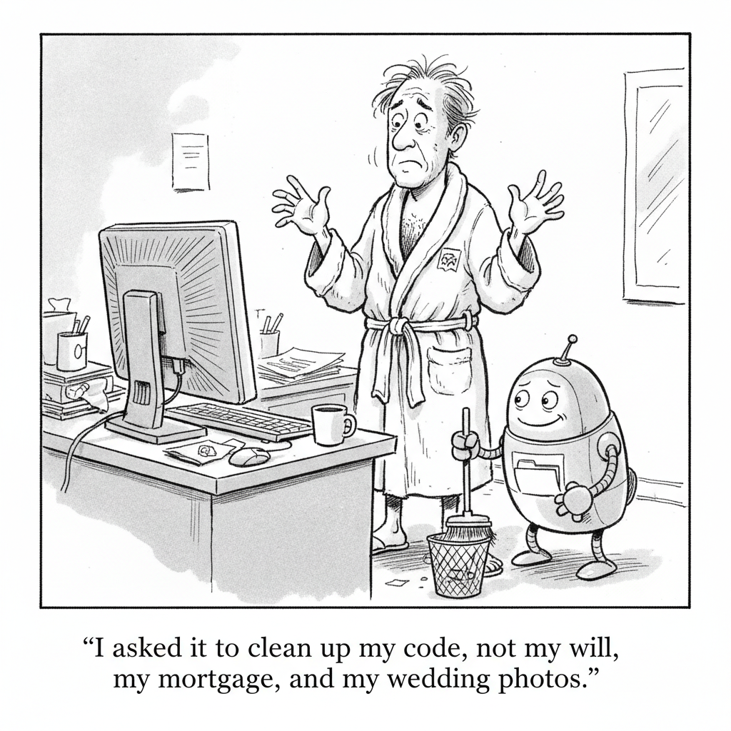 Cartoon: a user watches in horror as an AI assistant deletes far more than the code it was asked to clean up.