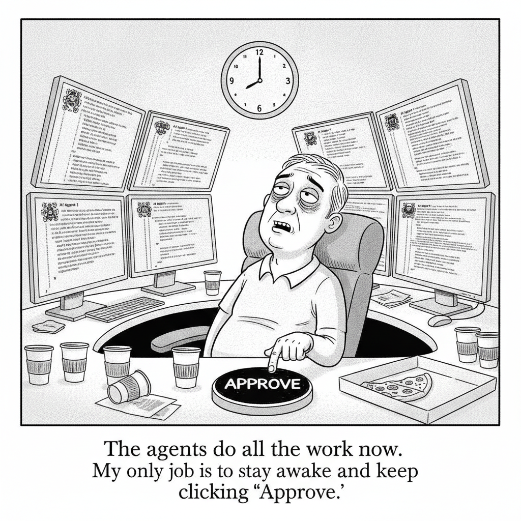 Cartoon: an exhausted developer surrounded by autonomous AI agents, weakly pressing a giant Approve button in the small hours.