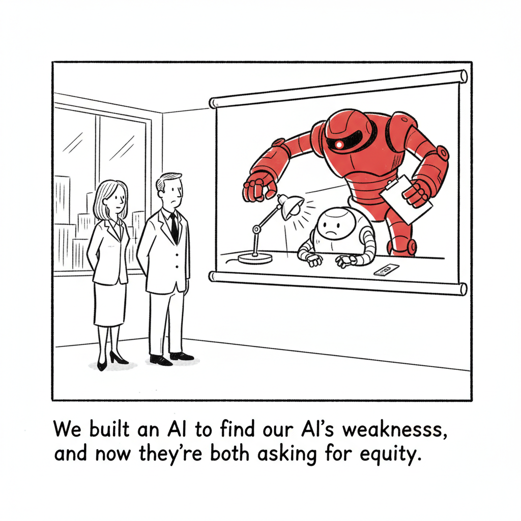 Cartoon: two executives in a boardroom study a slide of a red AI robot interrogating a smaller AI robot under a desk lamp.