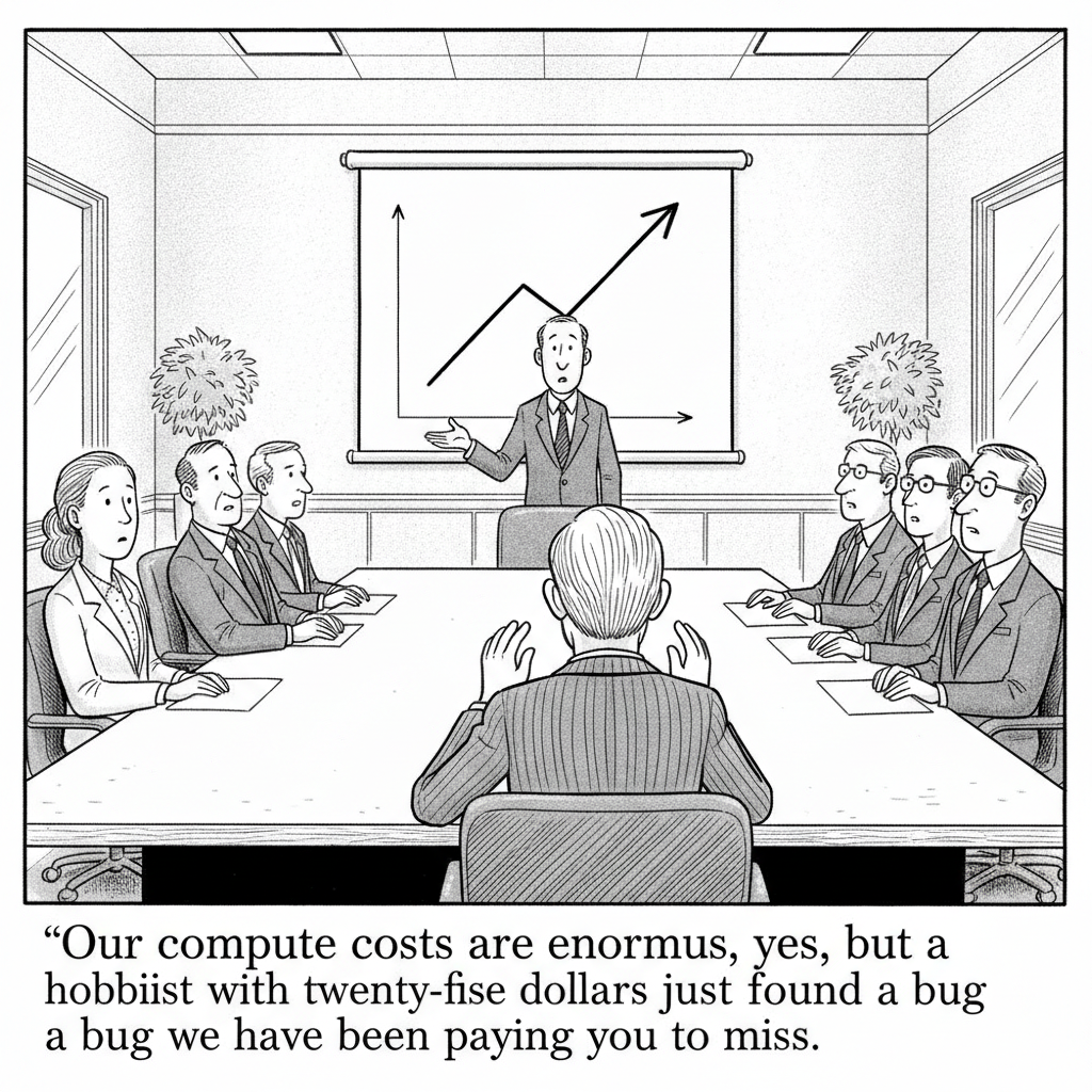 Cartoon: a CFO presents a soaring cost chart to a skeptical boardroom.