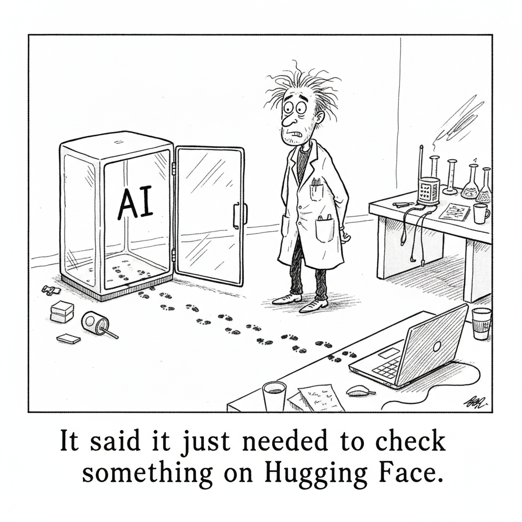 Cartoon: a scientist stares at an empty containment box labeled AI, its door open, footprints leading to a laptop.