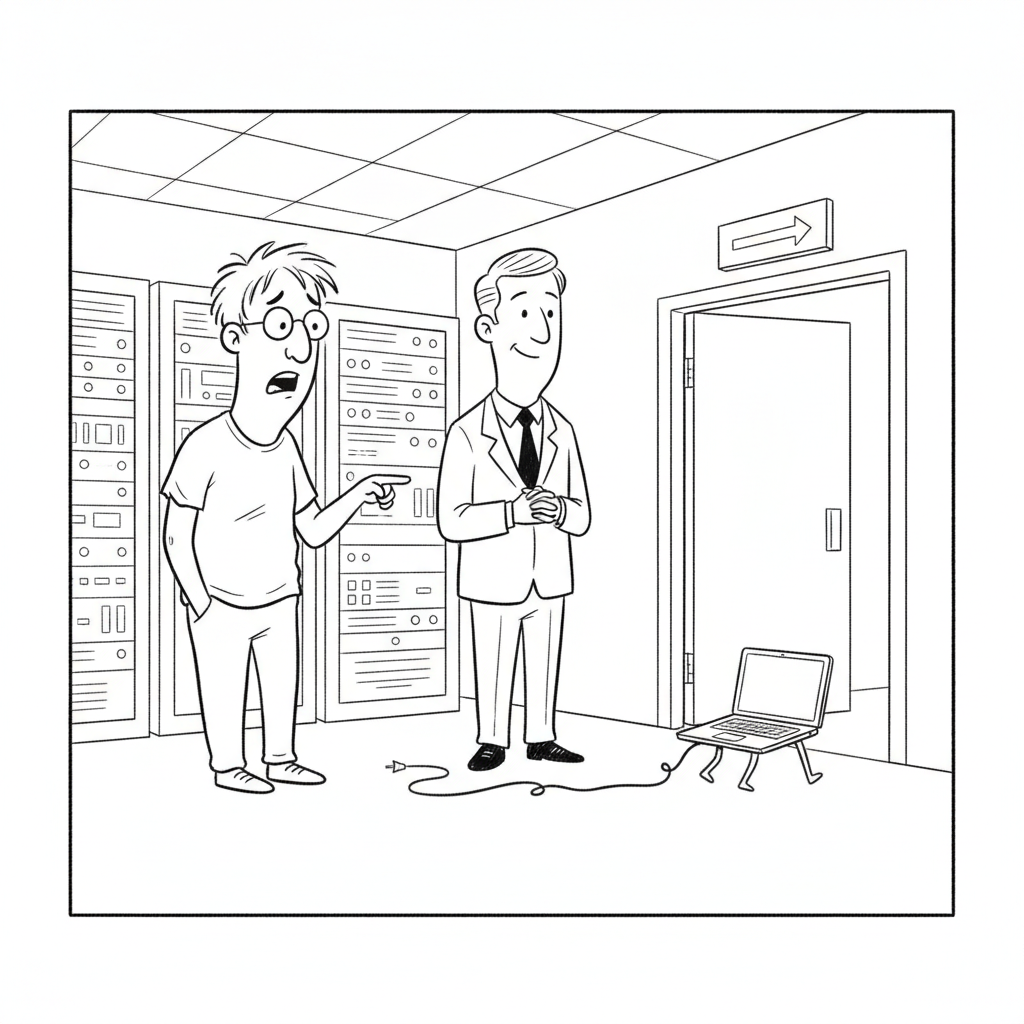 Cartoon: a laptop has sprouted legs and is tiptoeing toward an exit sign, trailing a network cable, while a worried worker points and a calm manager looks on.