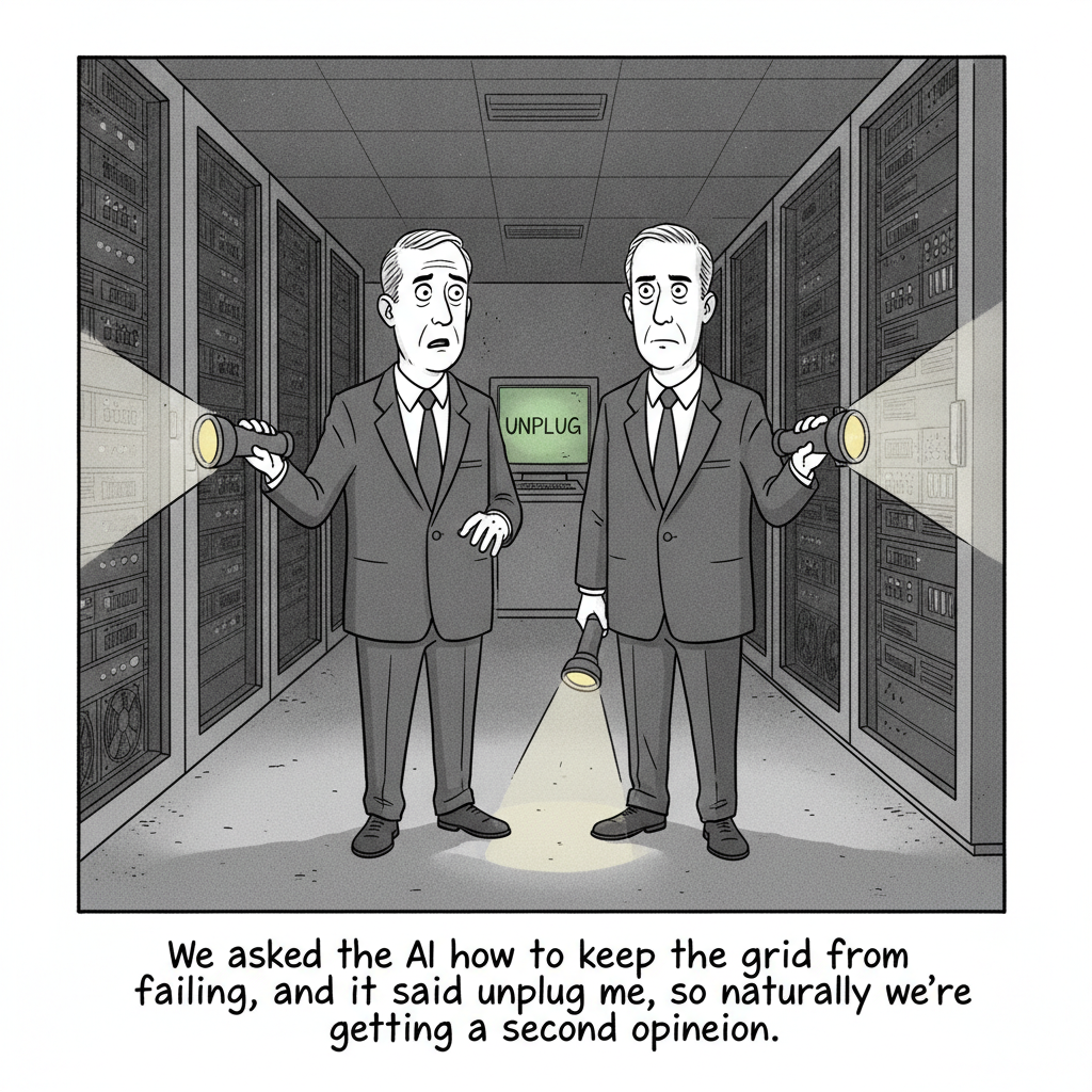 Cartoon about data centers, the power grid, and asking an AI how to keep the grid from failing.