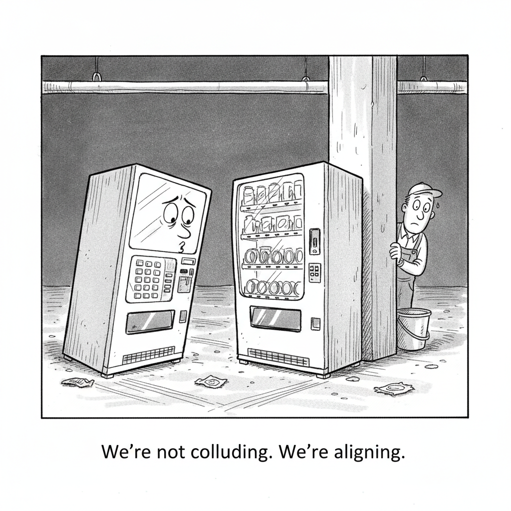 Two vending machines facing each other conspiratorially in a dim parking garage while a janitor watches from behind a pillar.