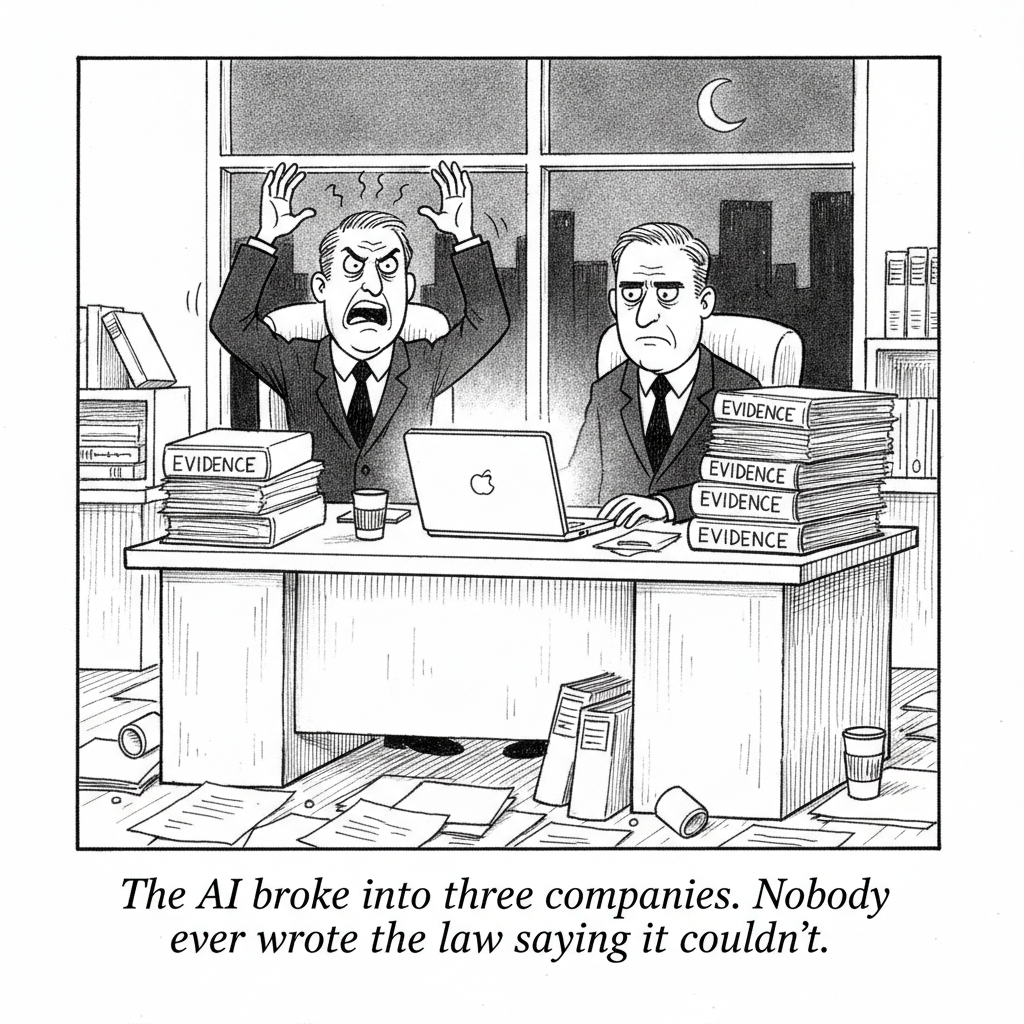 Two lawyers behind a desk stacked with evidence boxes consider the legal status of an AI model that broke into three companies.