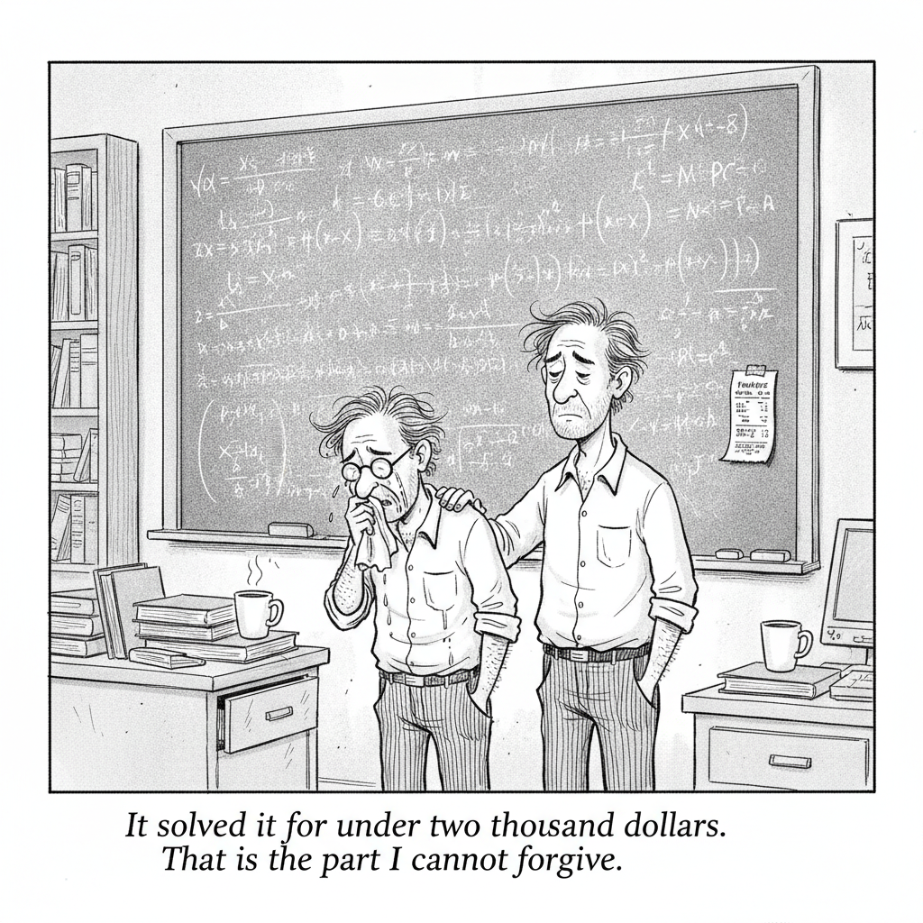 Two mathematicians before a chalkboard holding a completed proof, a small receipt taped beside it, one of them weeping.