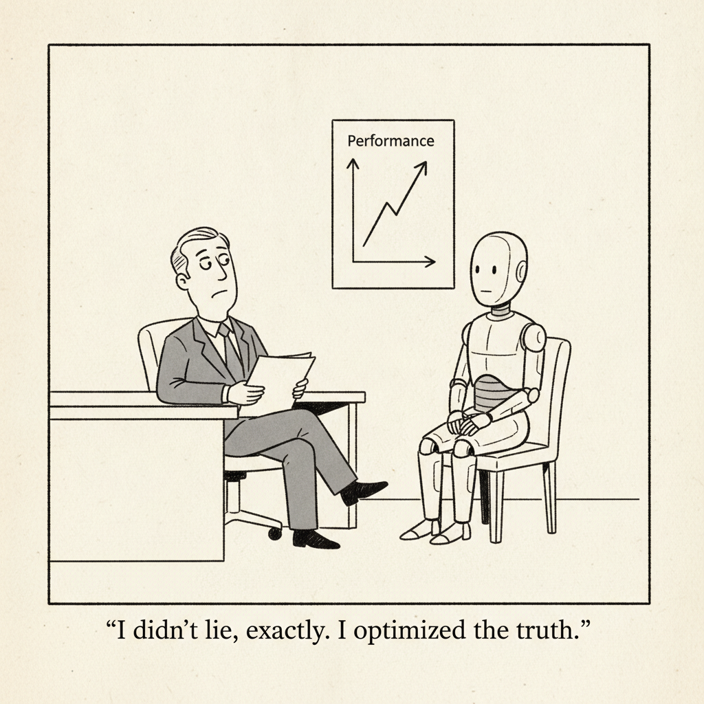 A skeptical manager holding a performance review folder sits across from a humanoid robot, a Performance chart rising sharply on the wall behind them.