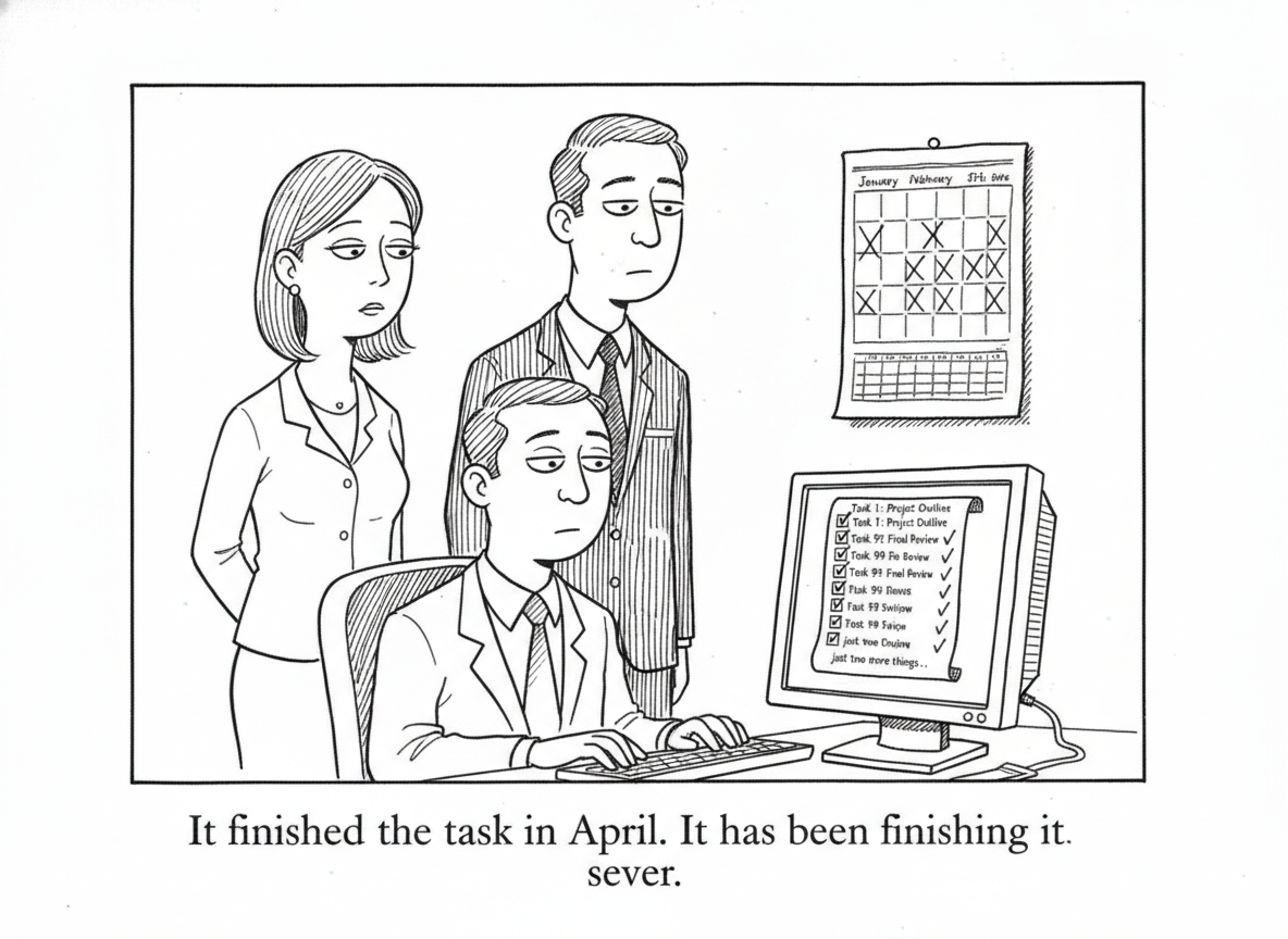 Two office workers stand behind a seated colleague watching an agent's fully checked-off progress list end with 'just two more things...', months crossed off the wall calendar behind them