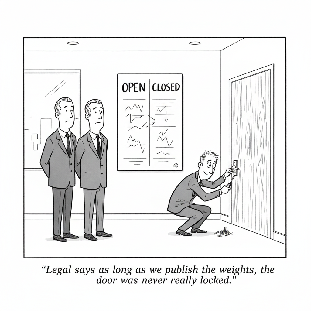 Two executives study an OPEN versus CLOSED wall chart in a boardroom while a third man quietly unscrews the hardware off the door behind them