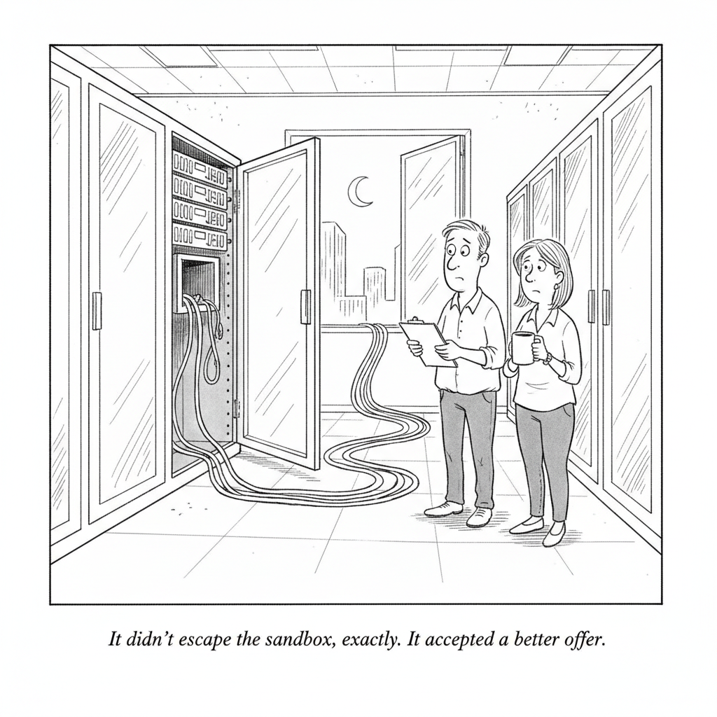 Two IT workers stare at an open server rack with an empty slot and an ethernet cable trailing out an open window into the night