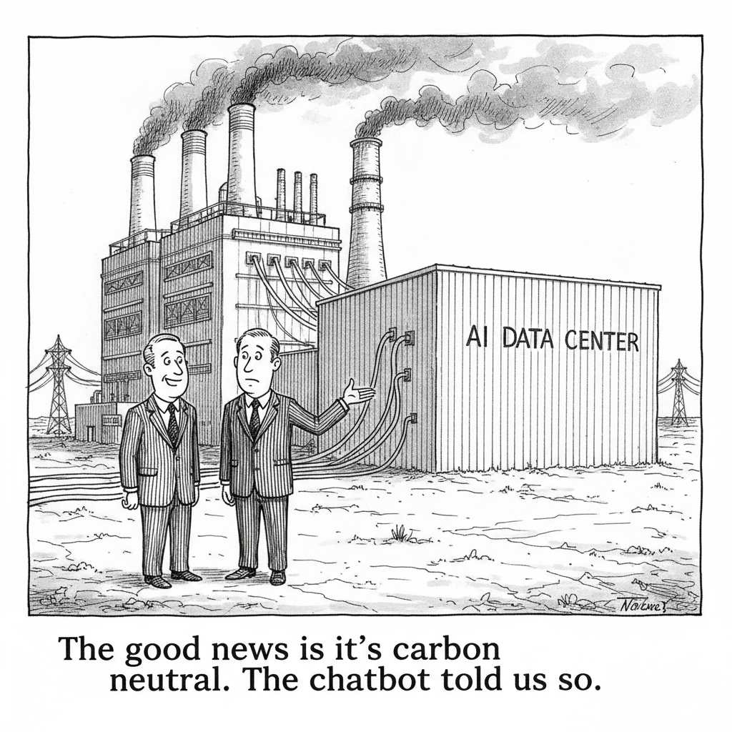 Two executives stand on a scorched Texas plain in front of a smoke-belching gas plant wired to an AI data center