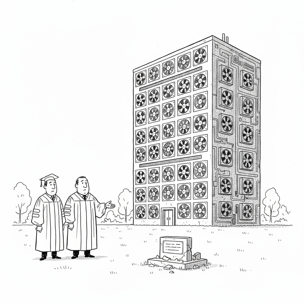 A university president in academic robes gestures proudly at an enormous fan-covered data center that has replaced the campus library