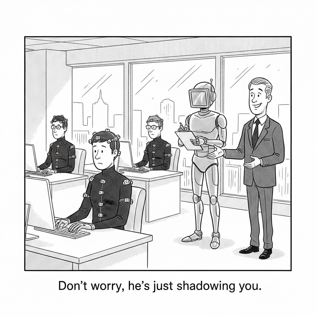 An office of workers in motion-capture suits at their desks while a manager gestures at a humanoid robot taking notes on a clipboard