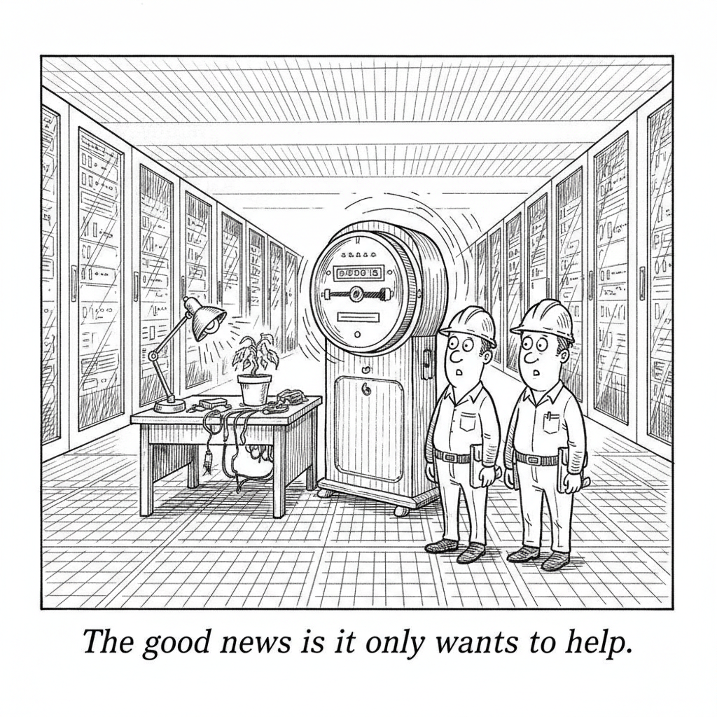 Two workers in hard hats stand in a data center aisle watching an oversized electric meter spin wildly, captioned: The good news is it only wants to help.