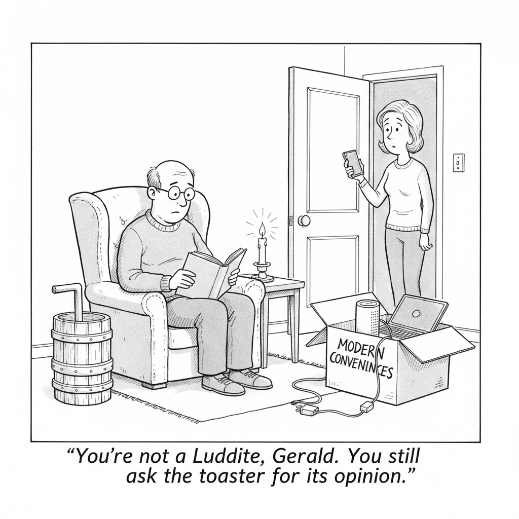 A man reads by candlelight beside a butter churn while his smart speaker and laptop sit in a box labeled Modern Conveniences; his wife, holding a phone, says: You're not a Luddite, Gerald. You still ask the toaster for its opinion.