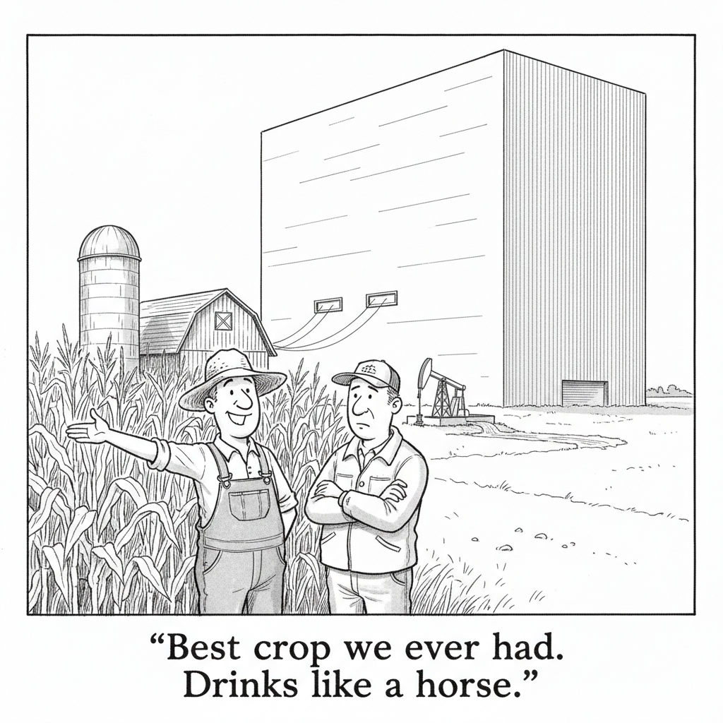 A farmer in overalls gestures proudly at an enormous windowless data center looming behind his barn and silo while a skeptical neighbor stands with arms crossed. Caption: Best crop we ever had. Drinks like a horse.