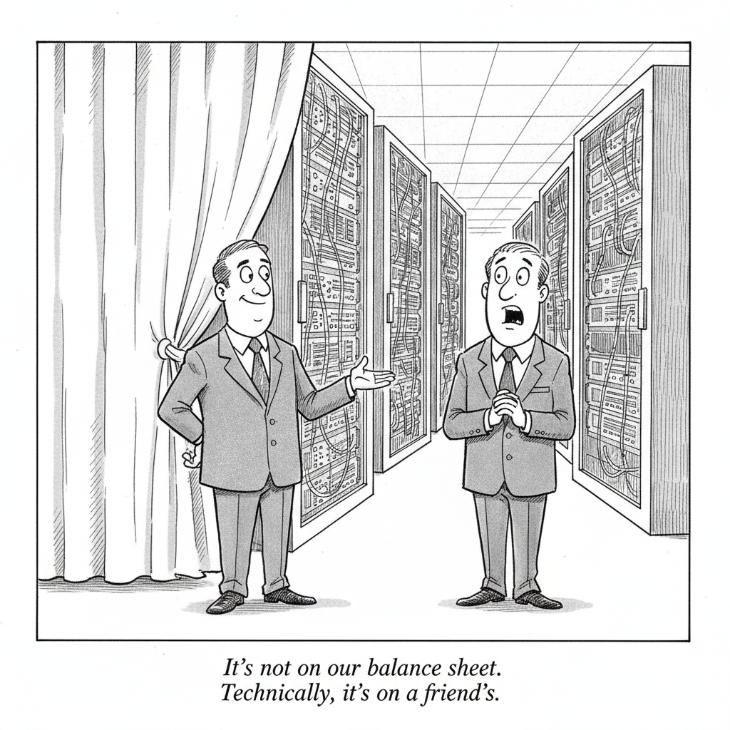Two executives stand in a data center corridor lined with server racks. One pulls back a curtain and gestures proudly at the machines while the other looks alarmed. Caption: It's not on our balance sheet. Technically, it's on a friend's.