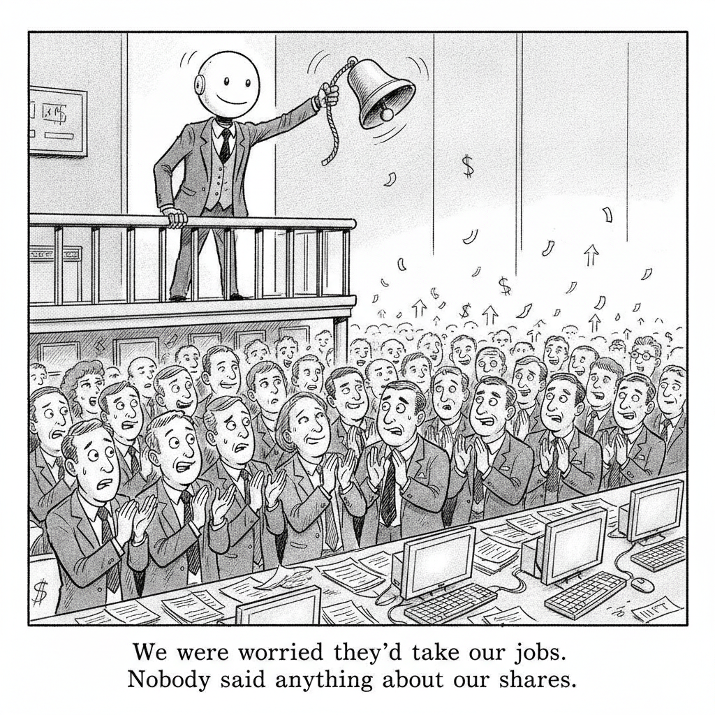 A humanoid robot in a business suit rings the opening bell on a stock exchange balcony while a crowd of human traders applauds nervously below. Caption: We were worried they'd take our jobs. Nobody said anything about our shares.