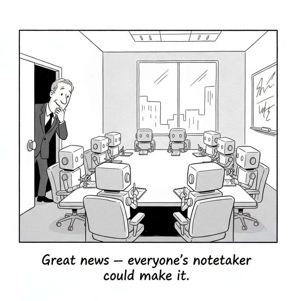 A conference room full of laptops with glowing AI notetaker icons on their screens, no humans present. One person peeks in the doorway. Caption: Great news - everyone's notetaker could make it.