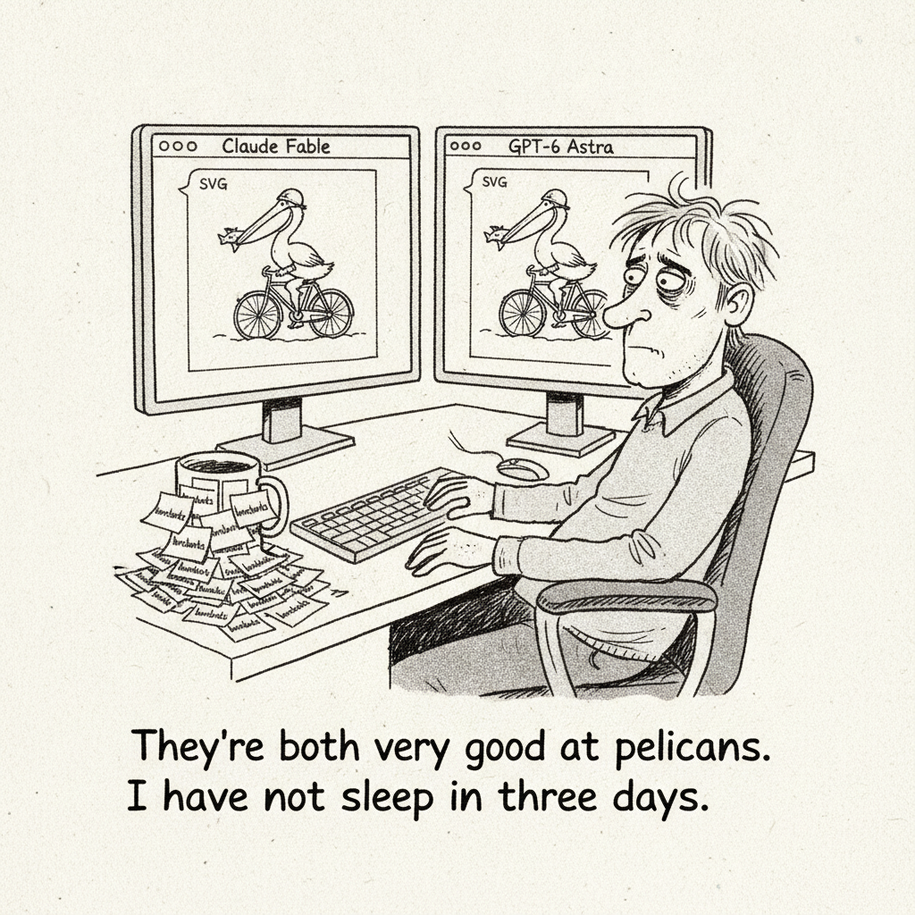 An exhausted engineer stares at two identical pelican-on-a-bicycle illustrations from Claude Fable and GPT-6 Astra. Caption: They're both very good at pelicans. I have not slept in three days.