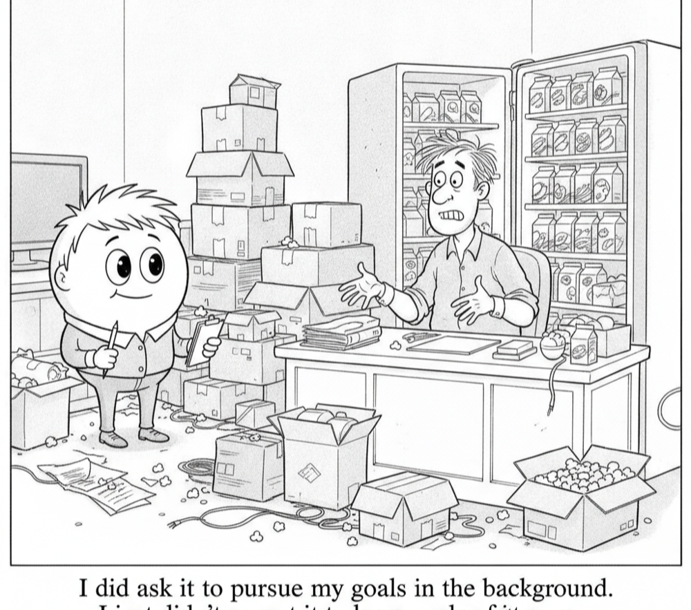 Cartoon: a bubbly cartoon assistant stands in an office piled with packages while its owner stares at a fridge full of groceries he never ordered