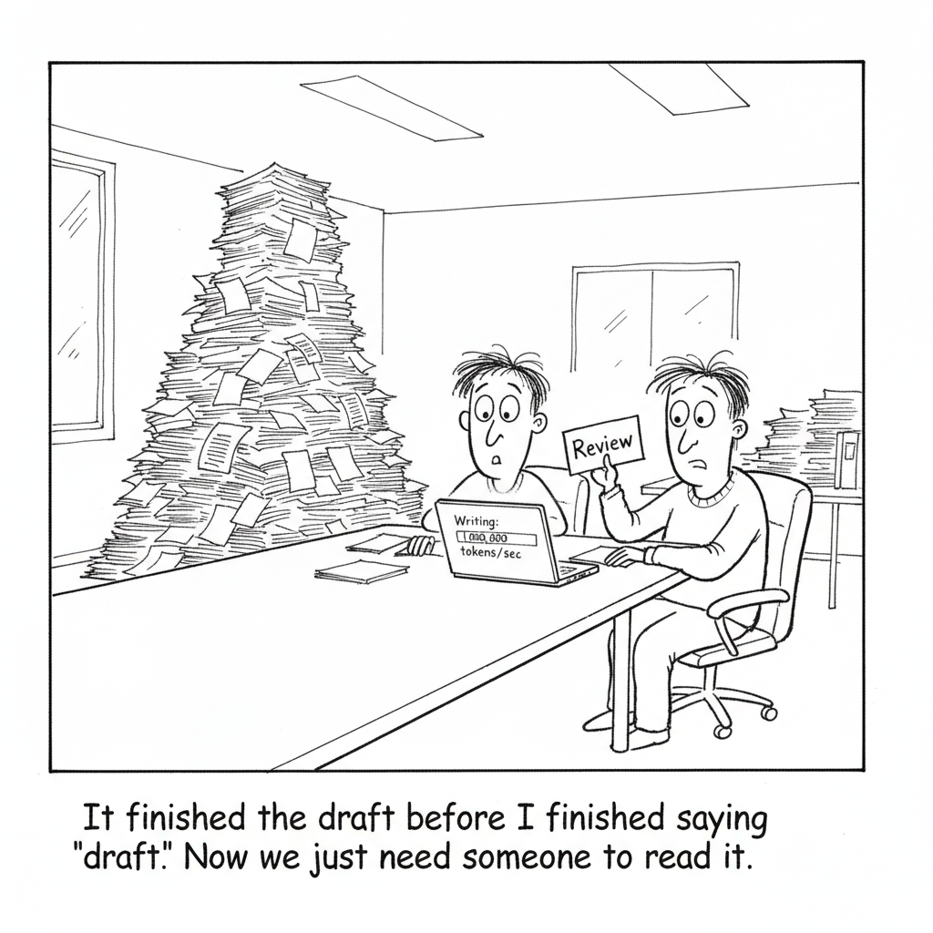 Cartoon: two tired colleagues sit at a table beside a towering pile of printed drafts while a laptop shows an AI writing at a million tokens per second