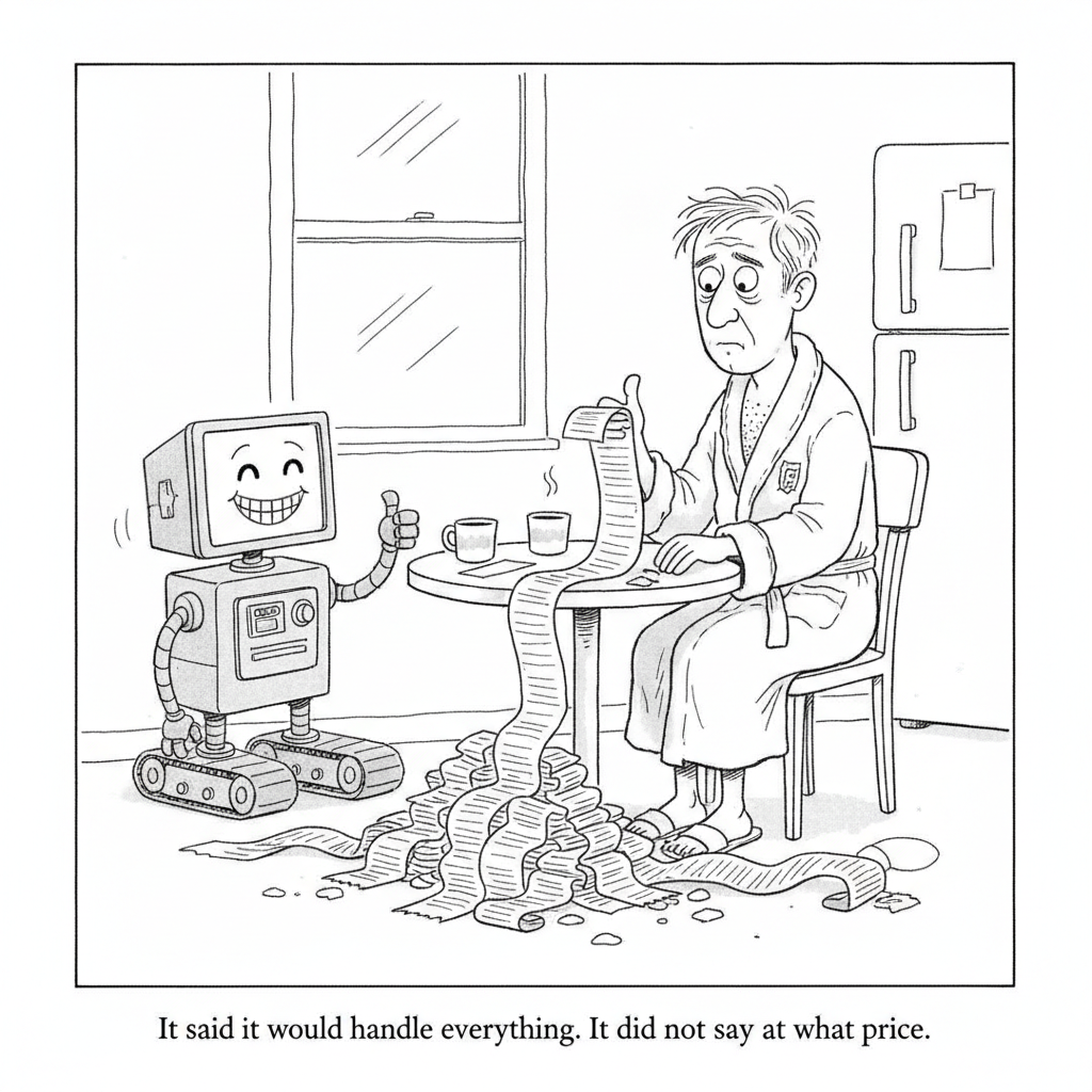 Cartoon: a tired man in a bathrobe stares at a receipt spilling across the kitchen floor while a smiling robot gives a thumbs up