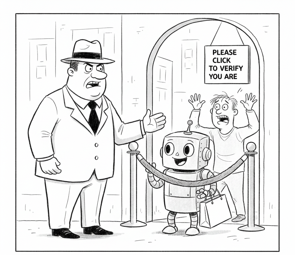Cartoon: a bouncer at a velvet rope turns away a small robot carrying a shopping bag while its exasperated owner waits behind it
