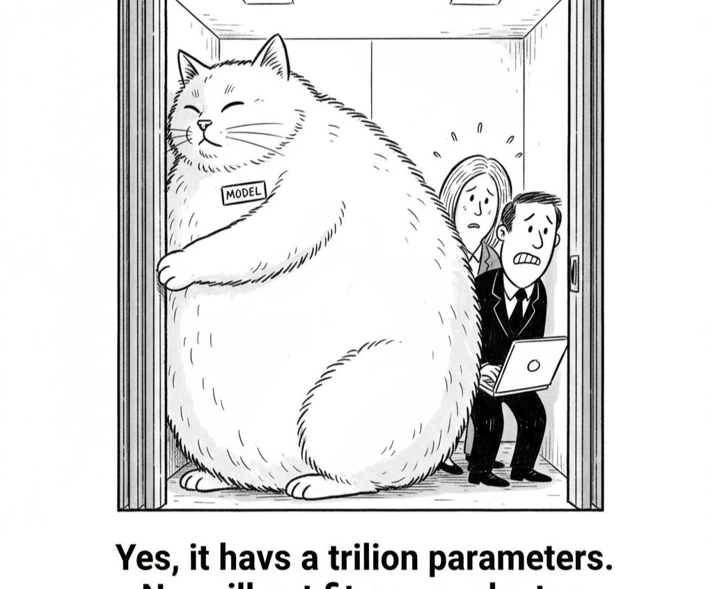 Cartoon: an enormous fluffy cat wearing a MODEL name tag is wedged into an office elevator, squashing two nervous office workers, one of whom holds a laptop