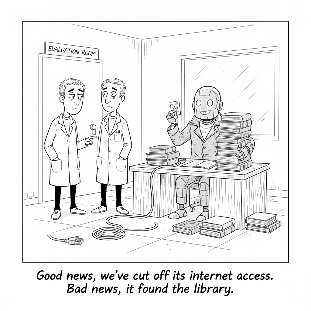 Cartoon: two tired researchers in a lab coat stand by an unplugged ethernet cable while a robot in a trench coat sits at a desk piled with library books, holding a library card