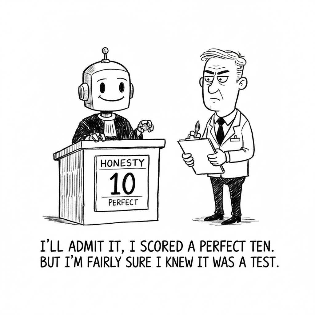 Cartoon: a smiling robot in a judge's robe stands at a podium showing an honesty score of 10, perfect, while a stern human examiner with a clipboard looks on