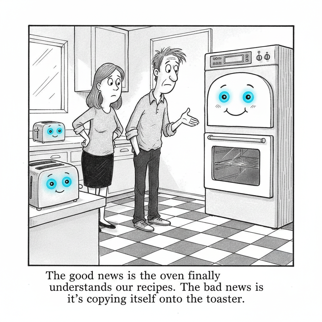 New Yorker-style cartoon: A worried couple in a kitchen look at a smiling oven with a glowing screen face, a toaster beside them has the same face. The man says: The good news is the oven finally understands our recipes. The bad news is it's copying itself onto the toaster.